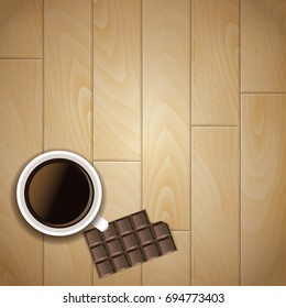 Coffee cup, chocolate bar and wood background. Vector illustration