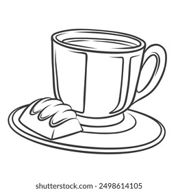 Coffee cup and chocolate candy line icon. Hand drawn retro truffle on saucer and hot drink mug. Confectionery treat, coffee break mascot, outline sweet snack and beverage icon vector illustration