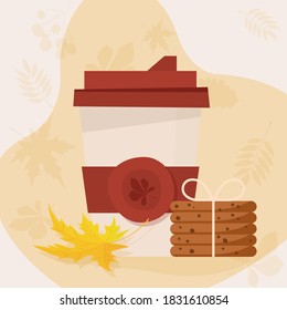 Coffee cup and chocolate chip cookies. Flat style 