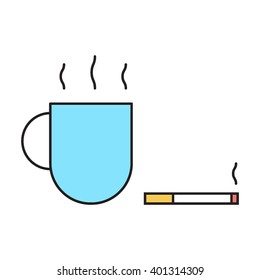Coffee cup with cigarette icon flat vector design on white background. Logo elements for cafe, restaurant theme.