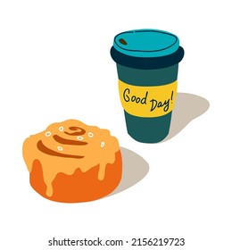 Coffee cup with cinnabon, vector cute cartoon illustration