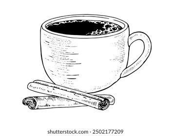 Coffee cup with Cinnamon. Vector hand drawn illustration. Espresso in white mug sketch drawing. Black line art. Hot chocolate clipart for vintage prints and icons. Drink with spices in retro style