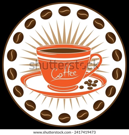 Coffee cup in a circle of coffee grains vector decorative sign logo  design element