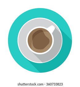 Coffee cup circle icon with long shadow. Flat design style. Coffee cup simple silhouette. Modern, minimalist, round icon in stylish colors. Web site page and mobile app design vector element.