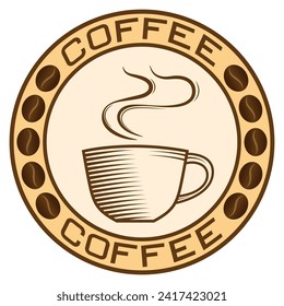 Coffee cup in a circle vector decorative sign for coffee shops, logo design isolated