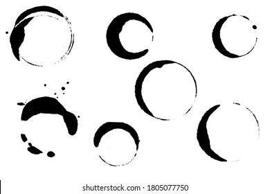 Coffee Cup Circles Black Vector Stain On White Background. Mug Ring Stain Clipart. Wet Cup Mark And Splatter. Cafe Menu Decor. Wet Circle On Table. Coffee Mark  Texture. Cafe Bar Table Surface