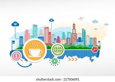Coffee cup and cityscape background with different icon. Design for the print, advertising. 