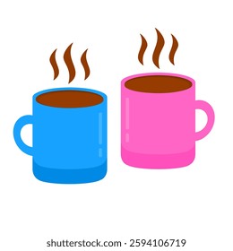 Coffee cup clip art funny with blue and pink colour. Doodle element coffee cup cartoon style. Vector Illustration