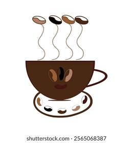 Coffee cup clipart design, a cup of hot coffee with beans, mug icon, hot tea cup symbol with steam sign, coffee mug steamy, Vector icon, coffee cup icon,
 clipart illustration,