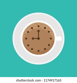 Coffee cup with clock. Concept of deadline, timetable and punctuality. Vector icon.