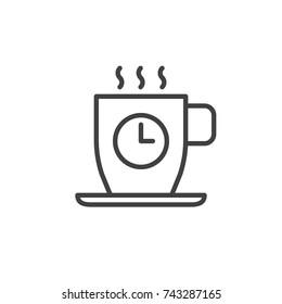 Coffee cup with clock line icon, outline vector sign, linear style pictogram isolated on white. Coffee time symbol, logo illustration. Editable stroke
