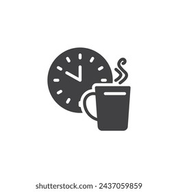 Coffee cup and clock vector icon. filled flat sign for mobile concept and web design. Coffee Break glyph icon. Symbol, logo illustration. Vector graphics