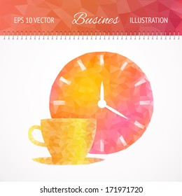Coffee cup and clock. Vector illustration.