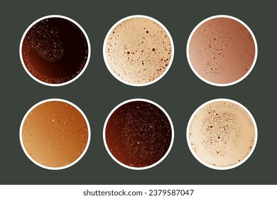 Coffee cup close-up from above. Coffee foam top view. Set of vector design elements, illustration, Eps 10.