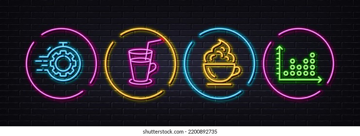 Coffee cup, Cocktail and Seo timer minimal line icons. Neon laser 3d lights. Dot plot icons. For web, application, printing. Whipped cream, Fresh beverage, Cogwheel. Presentation graph. Vector