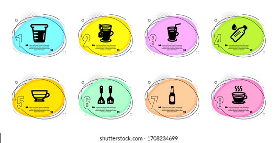 Coffee cup, Cocktail and Tea signs. Timeline infographic. Cooking cutlery, Cooking beaker and Water bottle line icons set. Beer, Americano symbols. Kitchen accessories, Water. Vector