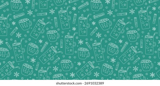 Xícara de café, cacau. Padrão contínuo.  Caneca com doces, bebidas quentes, canela. inverno, flocos de neve. Fundo de Natal repetitivo. Deliciosa sobremesa com marshmallows. Conjunto de desenho, rabiscar.