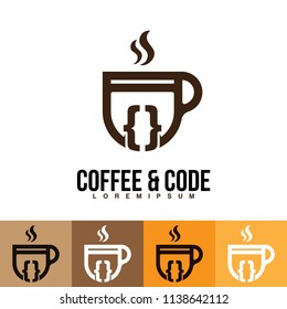 Coffee cup with coding icon illustration, Software developer icon template. Flat design isolated on white background