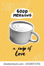 Coffee cup collage cafe poster template, social media story, trendy halftone art at bold yellow background.