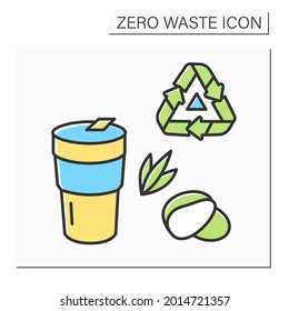 Coffee Cup Color Icon. Reusable Tumbler With Recycling. Concept Of Responsible Consumption, Ecology Friendly To Go Packaging And Zero Waste. Isolated Vector Illustration