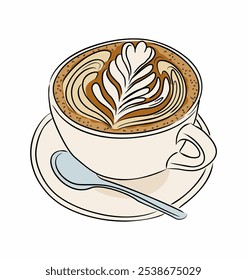 Xícara de café colorido esboço desenho. Ilustração vetorial isolada no plano de fundo transparente. Latte, cappuccino com xícara de café de espuma de creme no pires com colher.	