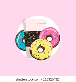 Coffee cup and colorful donuts. Stock vector