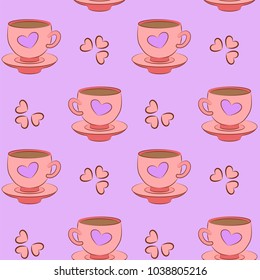 Coffee cup colorful seamless pattern on pink background