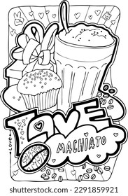 Coffee cup colouring book vector pages for antistress and relaxation. Hand drawn cartoon line illustration. Morning ritual for coffee lovers, cafe decoration, restaurant menu, poster print design.