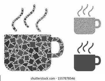 Coffee cup composition of irregular parts in variable sizes and color hues, based on coffee cup icon. Vector tuberous parts are combined into composition. Coffee cup icons collage with dotted pattern.