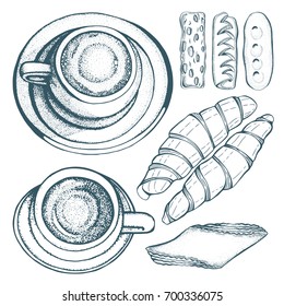 Coffee cup, confectionery and bakery products.
 Top view hand drawn illustration set.