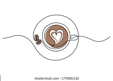 Coffee cup in continuous line art drawing style. Top view of cappuccino drink with heart shaped latte art and coffee beans on the saucer.  Vector illustration