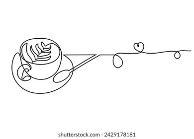 Coffee cup in continuous line art drawing style. Top view of cappuccino drink with heart shaped latte art on the saucer. Vector illustration