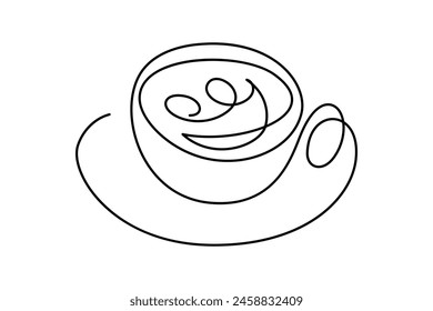 Coffee cup in continuous line art drawing style. Cappuccino drink with smiley latte art. Black linear design isolated on white background. Vector illustration