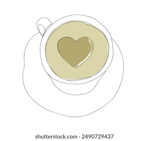 Coffee cup in continuous line art drawing style. Top view of cappuccino drink with heart shaped latte art. Vector illustration