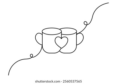 Coffee cup continuous line drawing with cup of coffee and coffee beans breakfast outline illustration.