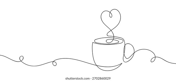 A coffee cup with a continuous line of heart-shaped smoke. One line drawing background. Vector illustration.