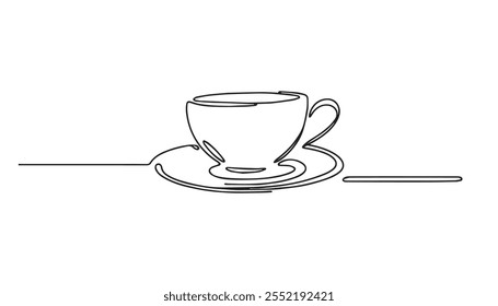 Taza de café boceto de línea continua icono de té café boceto bebida single art outline taza logo comida. Línea de taza Doodle fondo abstracto desayuno vapor mañana café símbolo de diseño. Ilustración vectorial