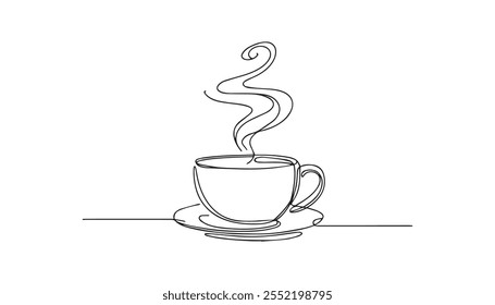 Taza de café boceto de línea continua icono de té café boceto bebida single art outline taza logo comida. Línea de taza Doodle fondo abstracto desayuno vapor mañana café símbolo de diseño. Ilustración vectorial