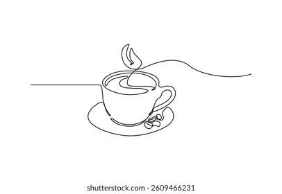 Coffee cup continuous one line drawing, vector illustration breakfast outline illustration, Line art for cafe.