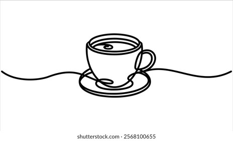 Coffee Cup continuous one-line drawing, Tea Icon Coffee Sketch Drink Outline Mug Logo Food Doodle Abstract Steam Morning Breakfast Design Vector Illustration