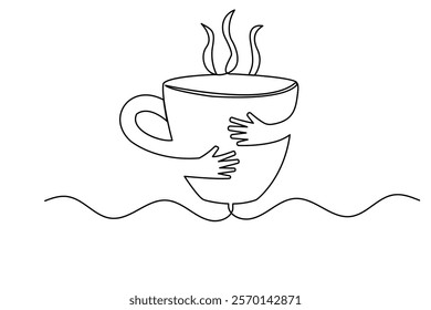 Coffee cup continuous single line art drawing of breakfast steam morning coffee design outline vector design