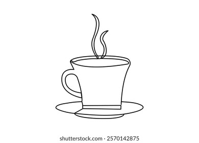 Coffee cup continuous single line art drawing of breakfast steam morning coffee design outline vector design