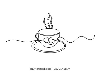 Coffee cup continuous single line art drawing of breakfast steam morning coffee design outline vector design