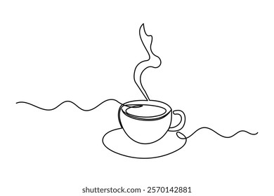 Coffee cup continuous single line art drawing of breakfast steam morning coffee design outline vector design