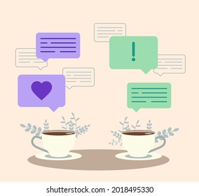 Coffee Cup Conversation. Chat Clouds. Coffee Break, Morning Lunch Date. Editable Vector Illustration