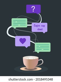Coffee cup conversation. Chat clouds. Coffee break, morning lunch date. Editable vector illustration