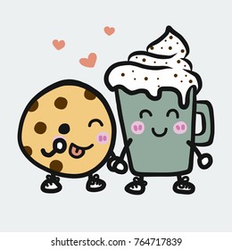 
Coffee cup and Cookie cartoon vector illustration doodle style 