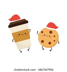 Coffee cup and Cookie character design. cartoon vector. Santa hat vector.