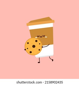 Coffee cup and Cookie character design. cartoon vector.