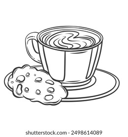 Coffee cup and cookie line icon. Hand drawn retro cozy hot drink serve with sweet chocolate chip biscuit. Coffee time, breakfast mascot, outline morning beverage and dessert icon vector illustration